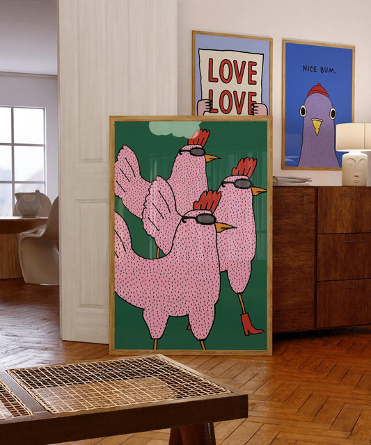 Funny Chicken Canvas Wall Art, Quirky Animal Print